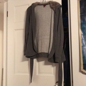 Merona grey sweatshirt with fur hood and tie